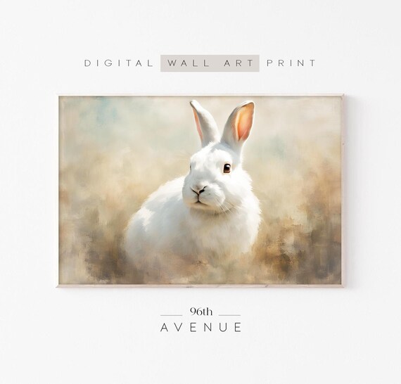 Cute White Bunny Rabbit Portrait Soft Neutral Framed TV Art Print