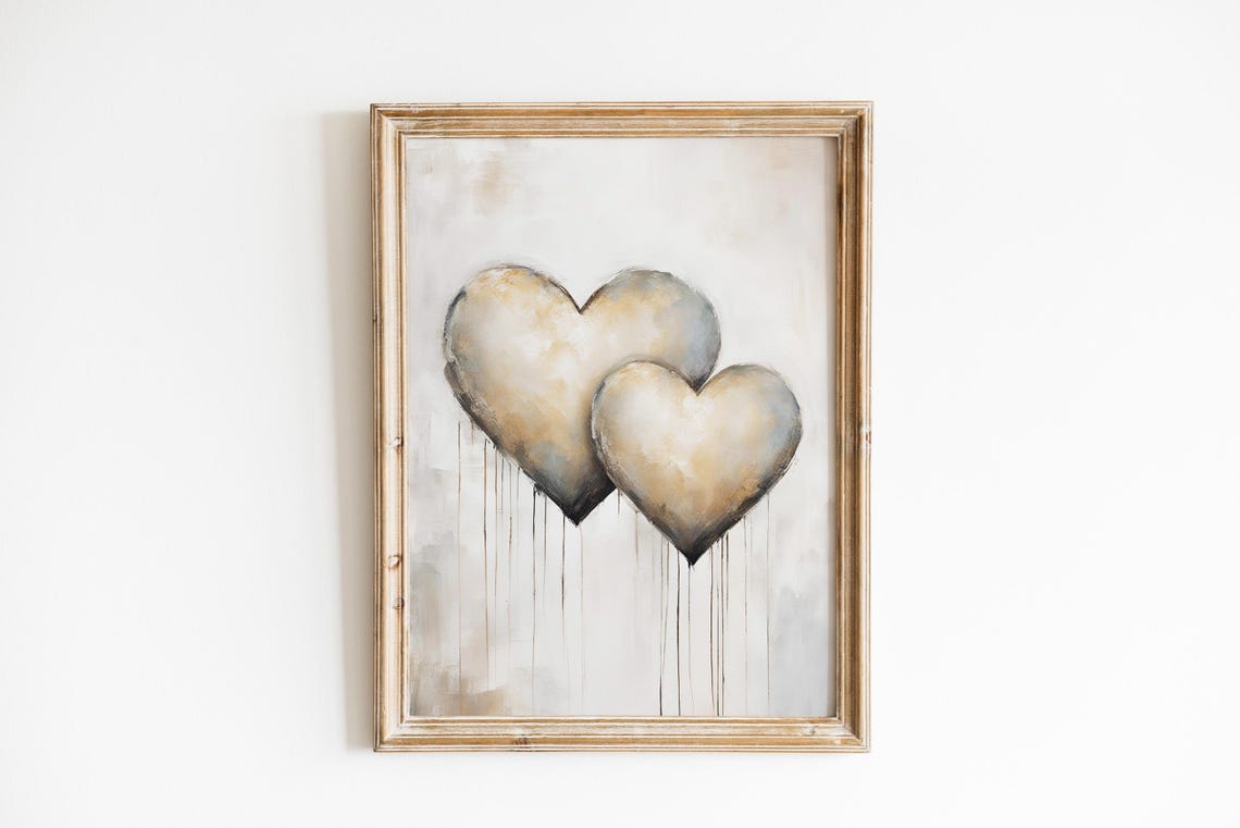 Two Beige Hearts Drip Paint Minimalist Neutral Love Heart Art Print - Image 3