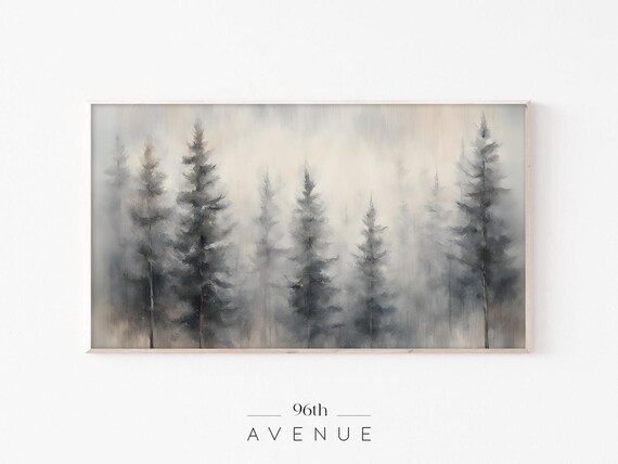 Winter Pine Forest in Thick Fog Moody Blue Gray Painting Poster