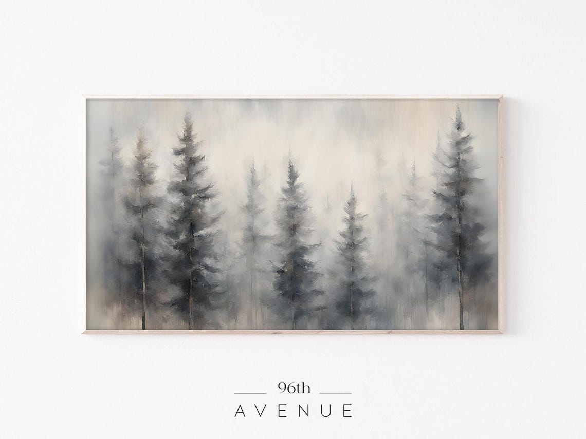 Winter Pine Forest in Thick Fog Moody Blue Gray Painting Poster