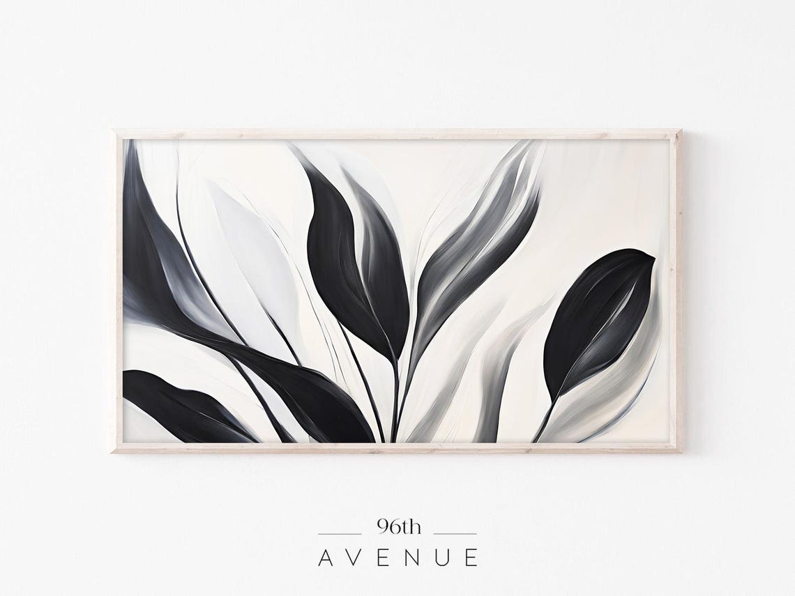 Black and White Modern Abstract Botanical Leaves Painting Poster