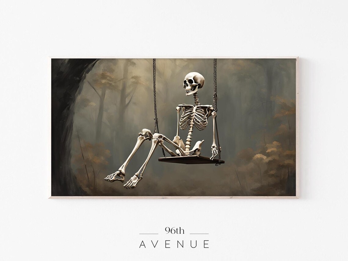Skeleton Relaxing on Swing in Foggy Forest Whimsical Halloween Poster