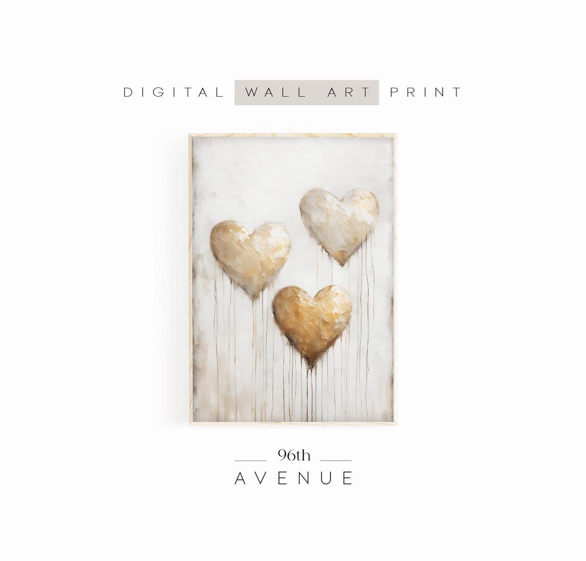 Three Beige Hearts Vertical Drip Paint Neutral Love Heart Art Print