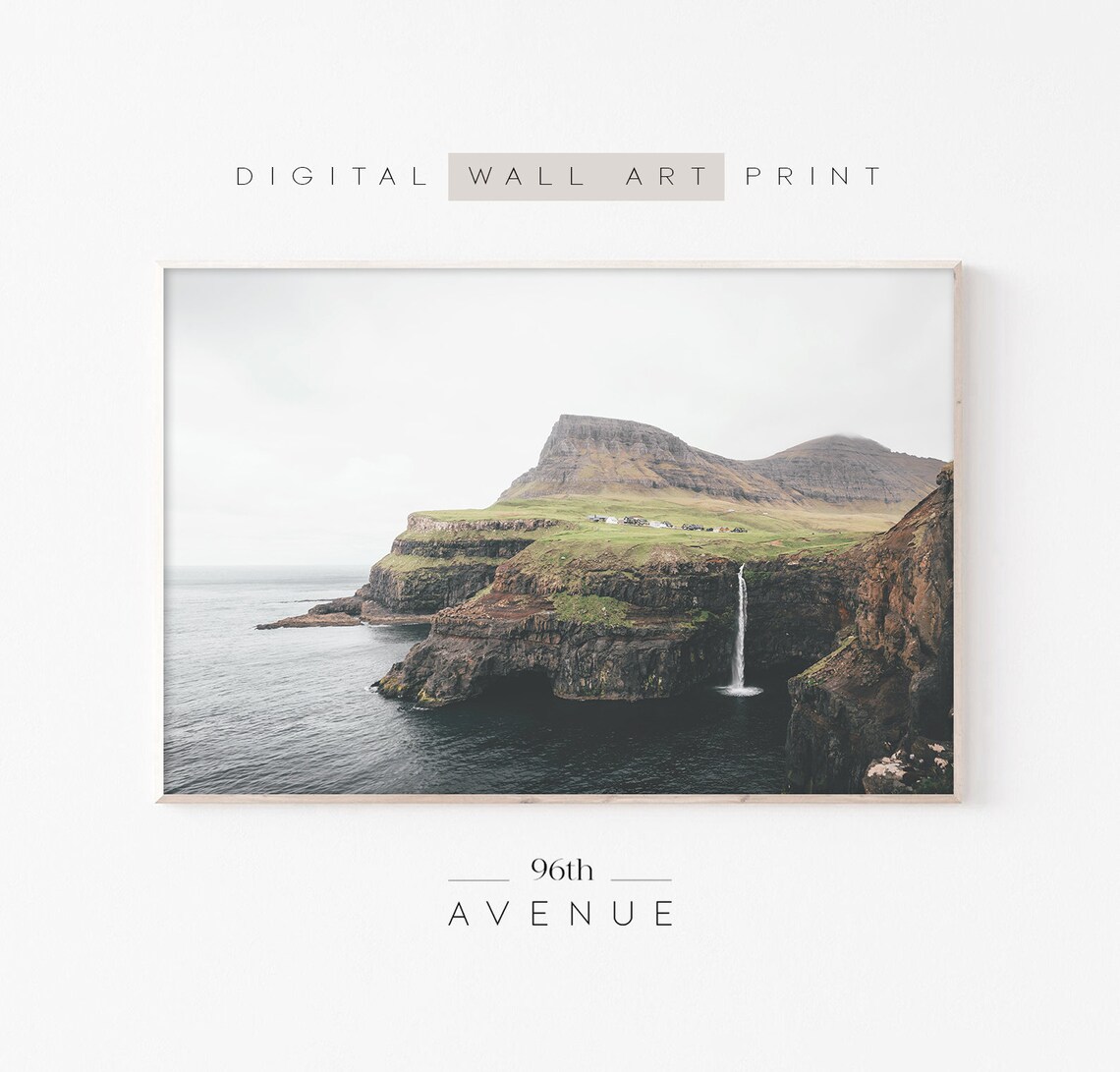 Faroe Islands Landscape Photography, Nordic Waterfall Print