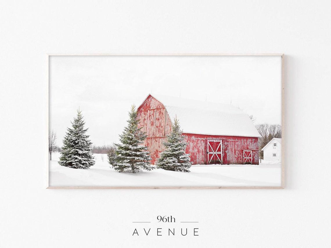 Snowy Red Barn Rustic Winter Farmhouse Landscape Photography Poster