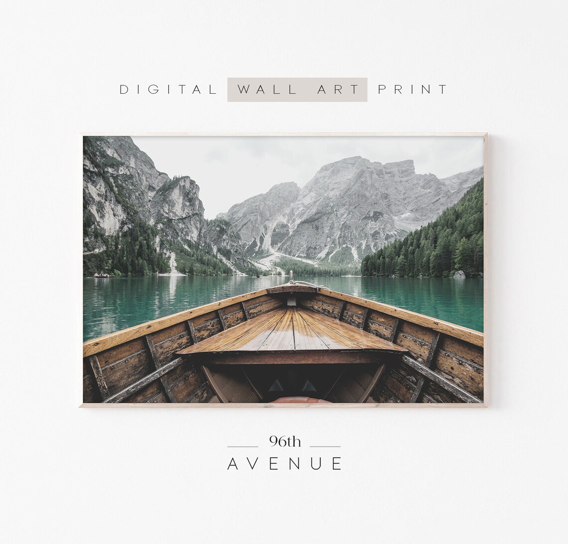 Wooden Rowboat Bow on a Turquoise Alpine Lake Mountain Poster