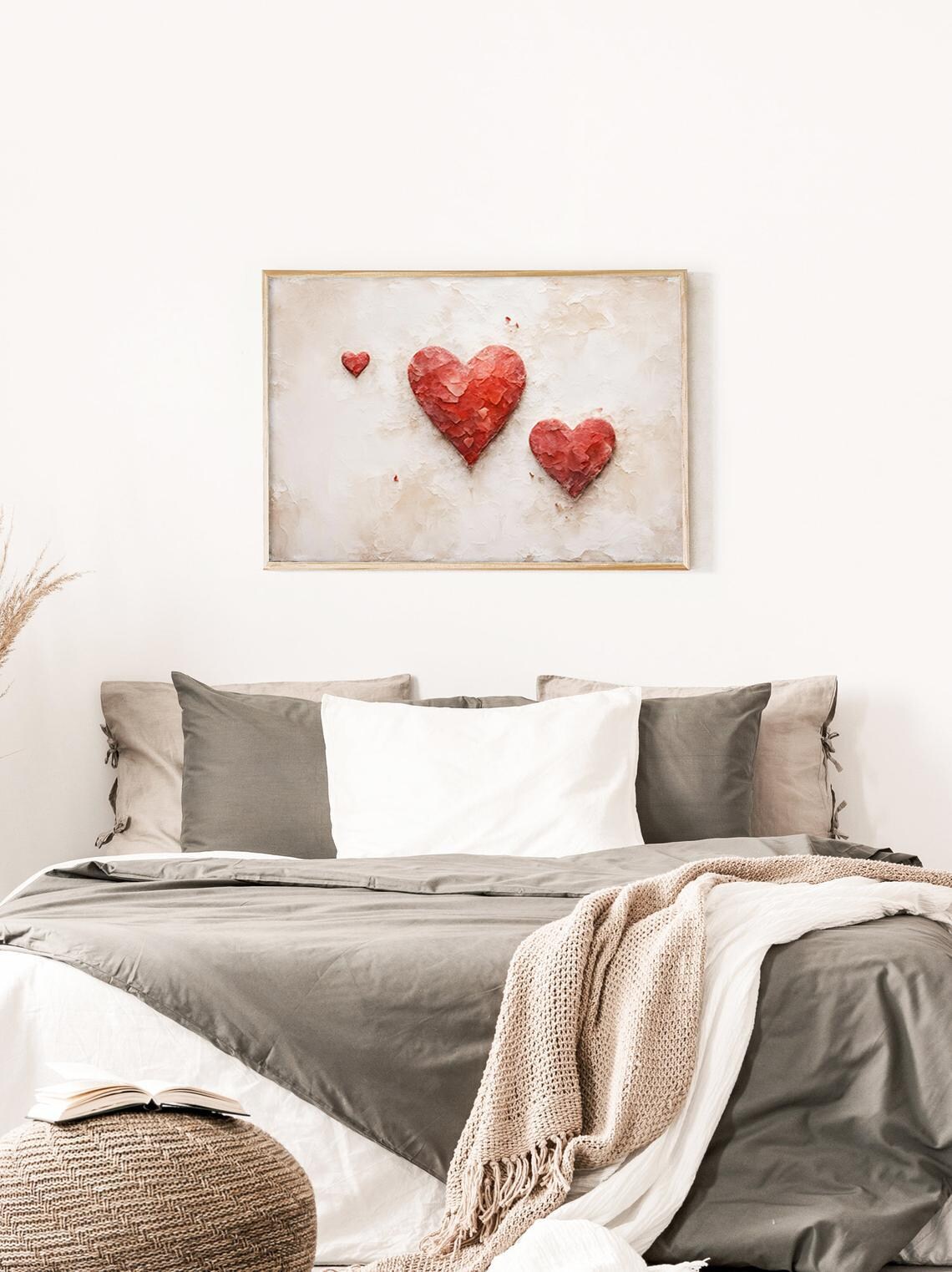 Three Red Textured Hearts Neutral Cream Plaster Love Art Print - Image 3