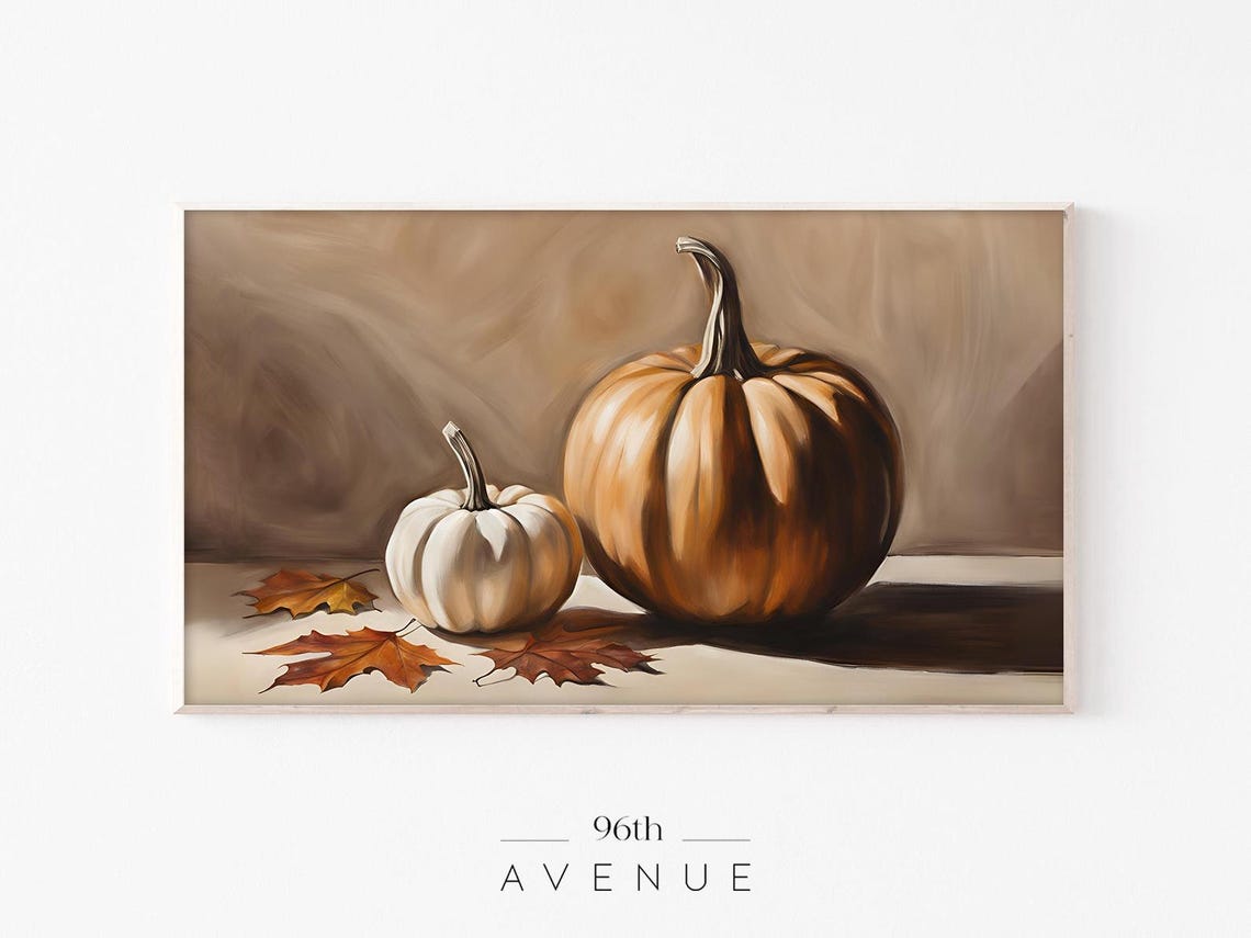 Two Pumpkins with Maple Leaves Rustic Fall Still Life Painting Poster