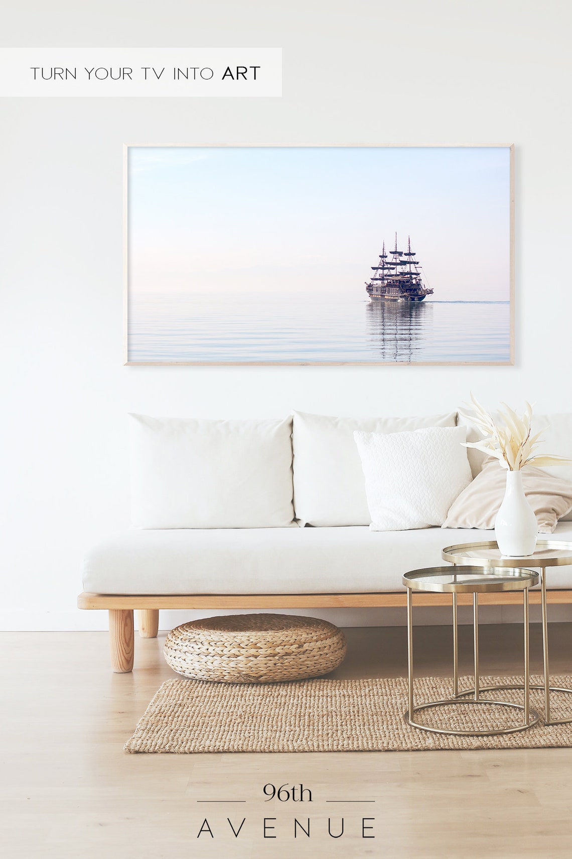 Tall Three-Masted Ship Sailing on Calm Pastel Sea Photo Poster - Image 2