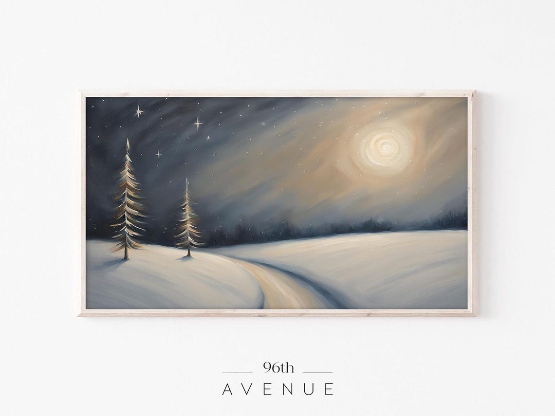 Starry Winter Night with Glowing Moon over Snowy Pine Field Poster