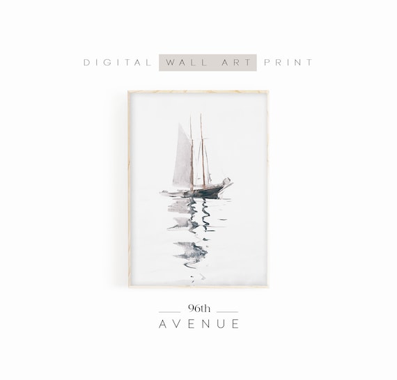 Watercolor Sailboat Gray Wash Minimal Sea Calm Sailing Print