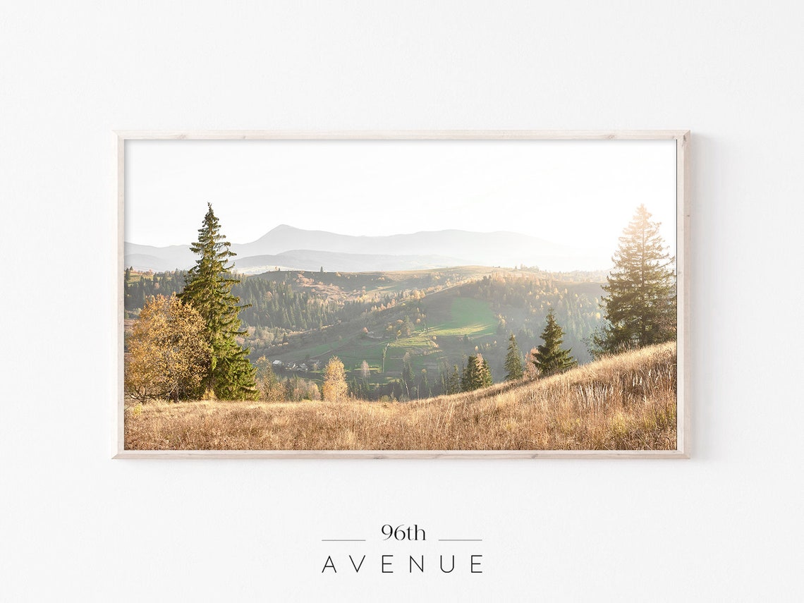 Sunlit Mountain Meadow Golden Pines Hazy Ridge Valley Nature Print