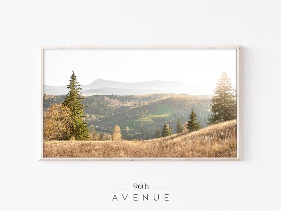 Sunlit Mountain Meadow Golden Pines Hazy Ridge Valley Nature Print