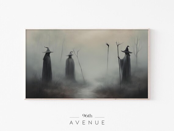 Three Dark Witches In Foggy Moor Eerie Halloween Painting Wall Art