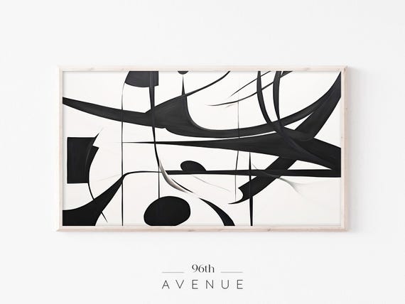Modern Abstract Black Painting Frame Tv Art Minimalist Brush Strokes Dark Artistic Art For Tv