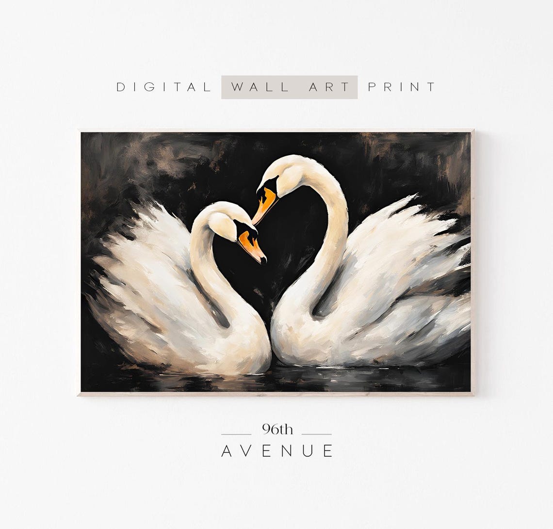 Two White Swans Kissing on Black Water Dark Romantic Art Print
