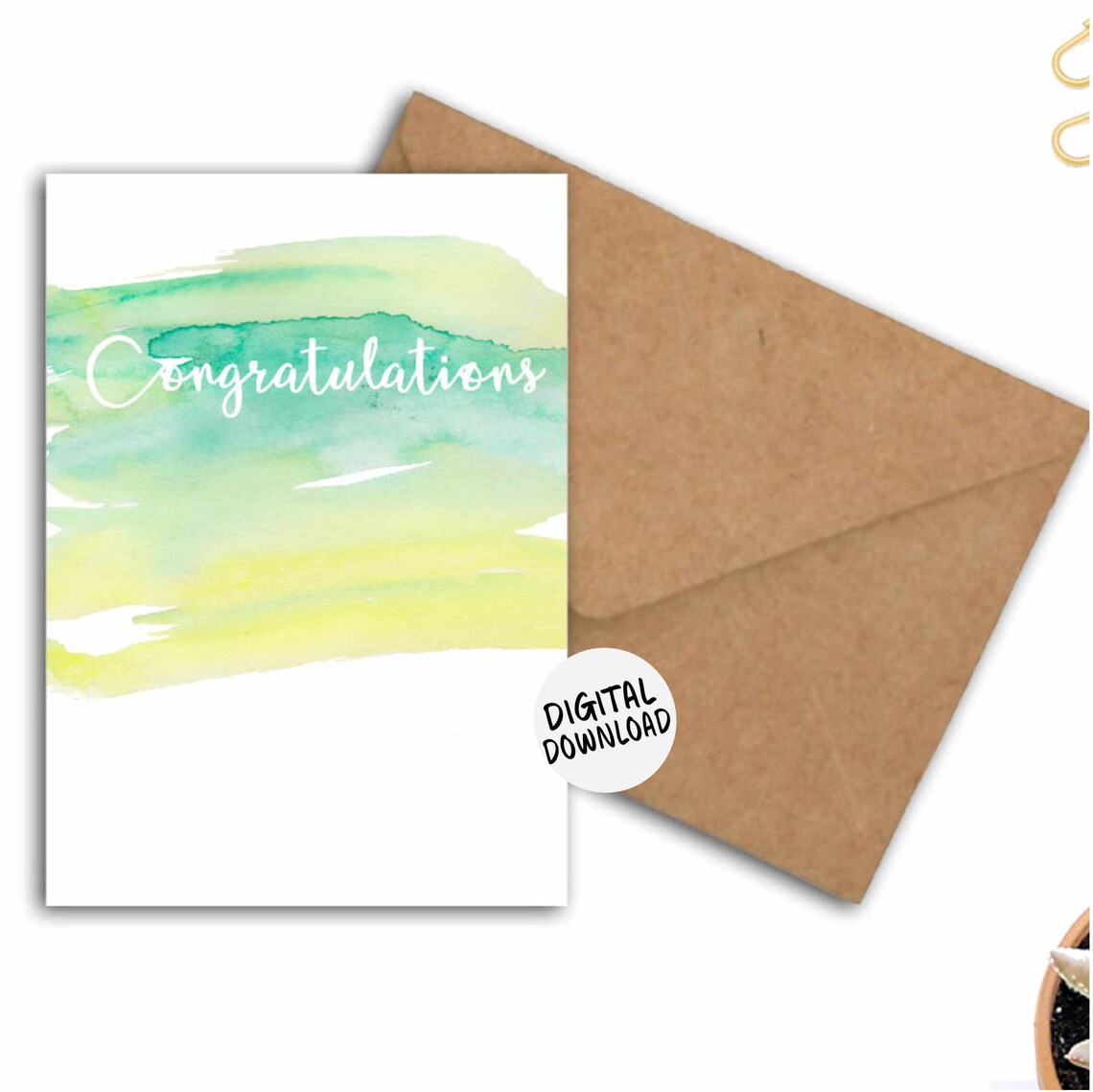 Congratulations Watercolor Wash Greeting Card Green Yellow Art Print