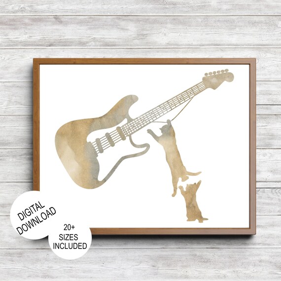 Two Cats Climbing Giant Electric Guitar Muted Watercolor Musician Room Poster