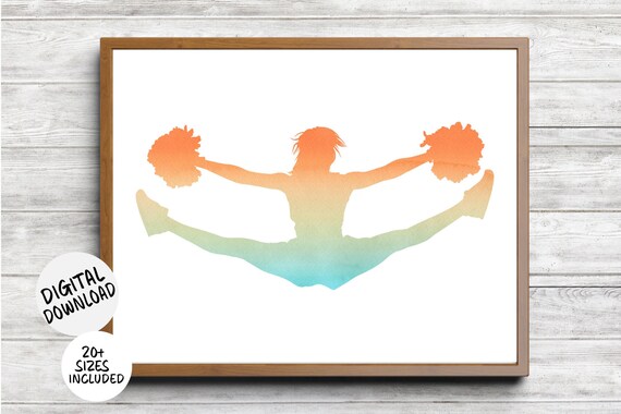 Cheerleader Toe Touch Split Orange Teal Watercolor Sports Poster
