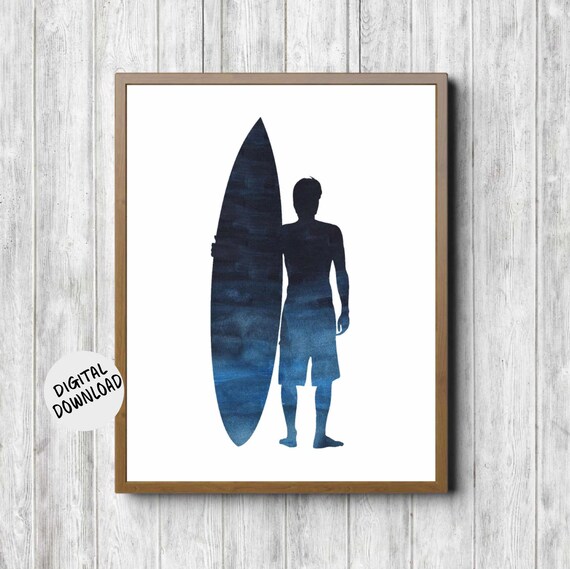 Man Surfer With Surfboard Silhouette Wall Art Surfing Gift For Surfer Him Boyfriend Dark Blue Surfing Boys Room