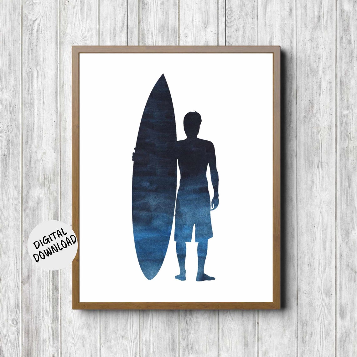 Blue Watercolor Surfer Silhouette with Surfboard Beach Decor Poster