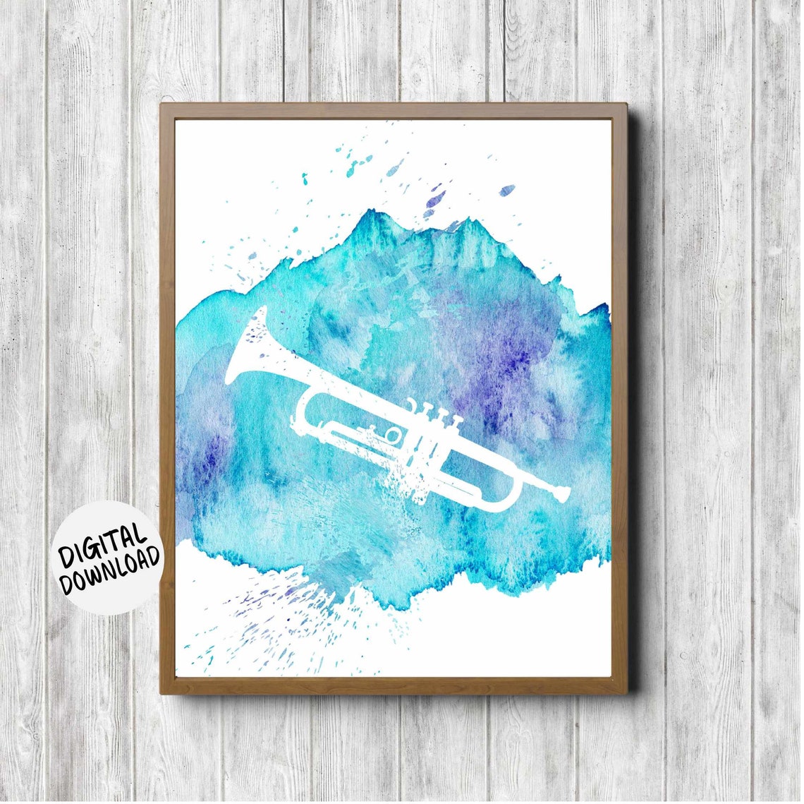 White Trumpet Silhouette on Turquoise Watercolor Splash Music Poster