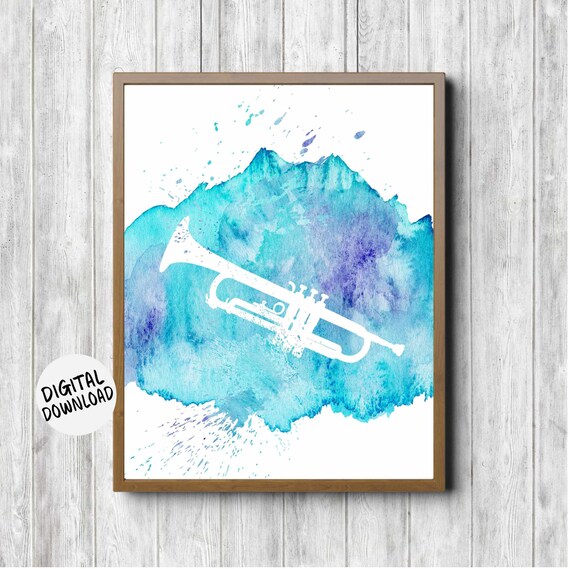 White Trumpet Silhouette on Turquoise Watercolor Splash Music Poster