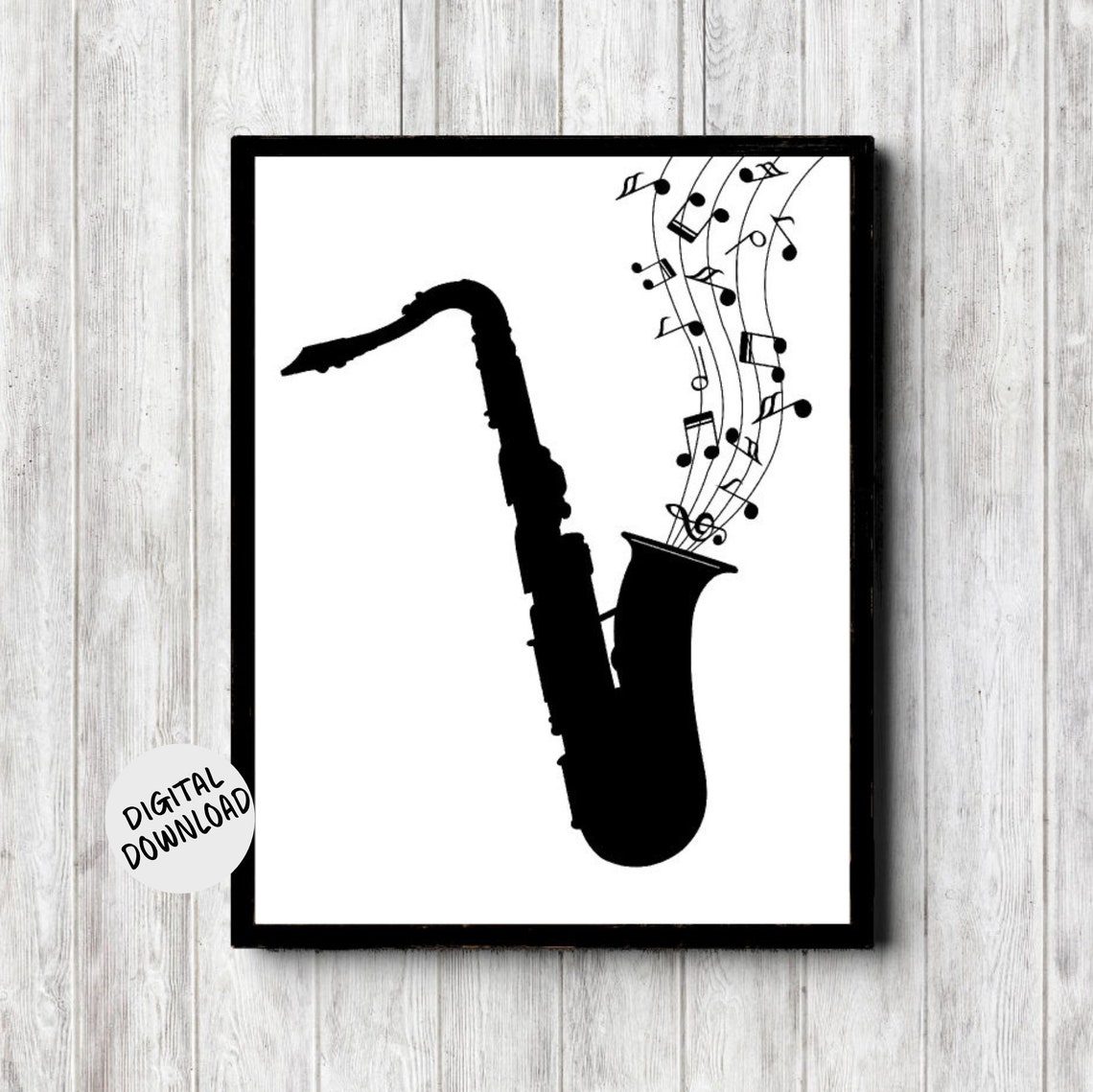 Black Saxophone Silhouette with Music Notes Jazz Decor Art Print