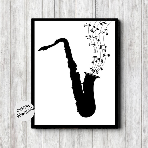 Black Saxophone Silhouette with Music Notes Jazz Decor Art Print