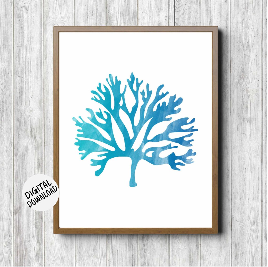 Turquoise Watercolor Seaweed Coral Frond Coastal Decor Poster