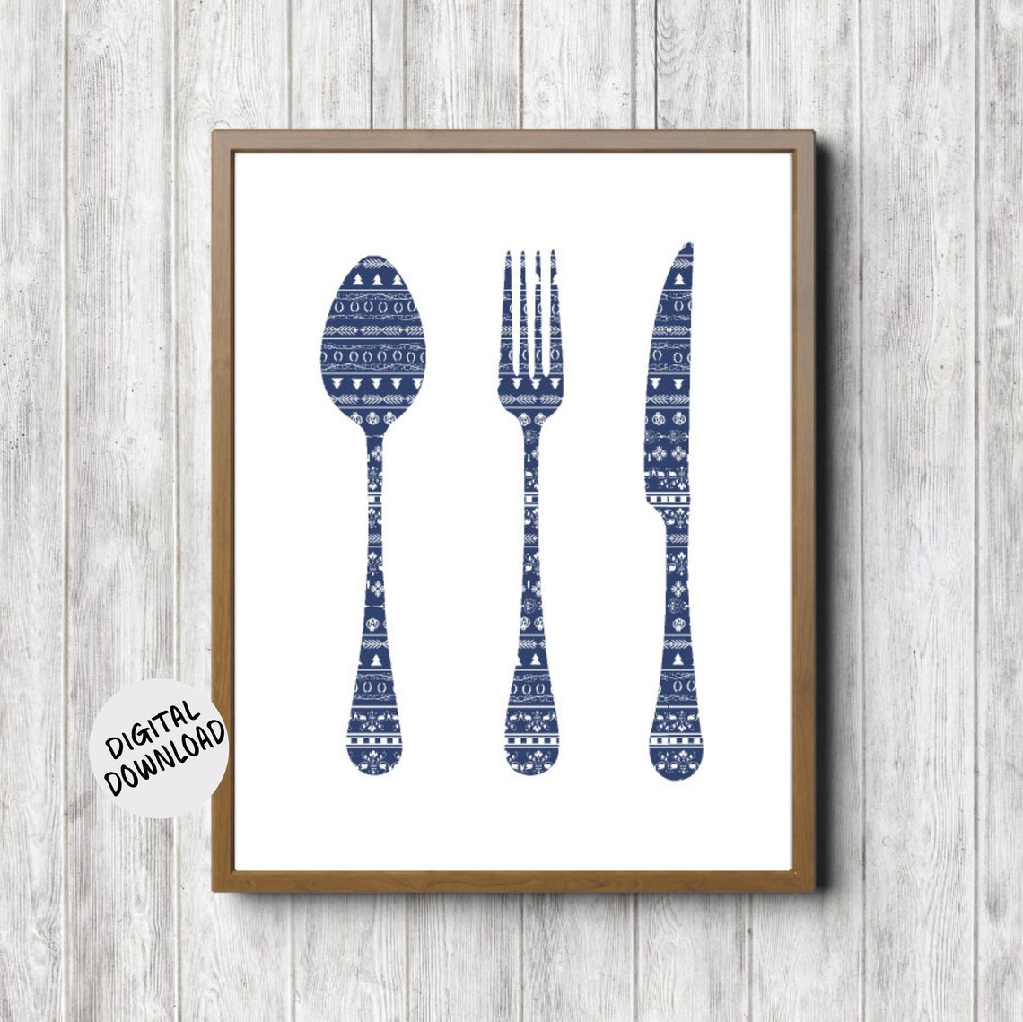 Navy Blue Spoon Fork Knife Flatware Tribal Kitchen Art Poster