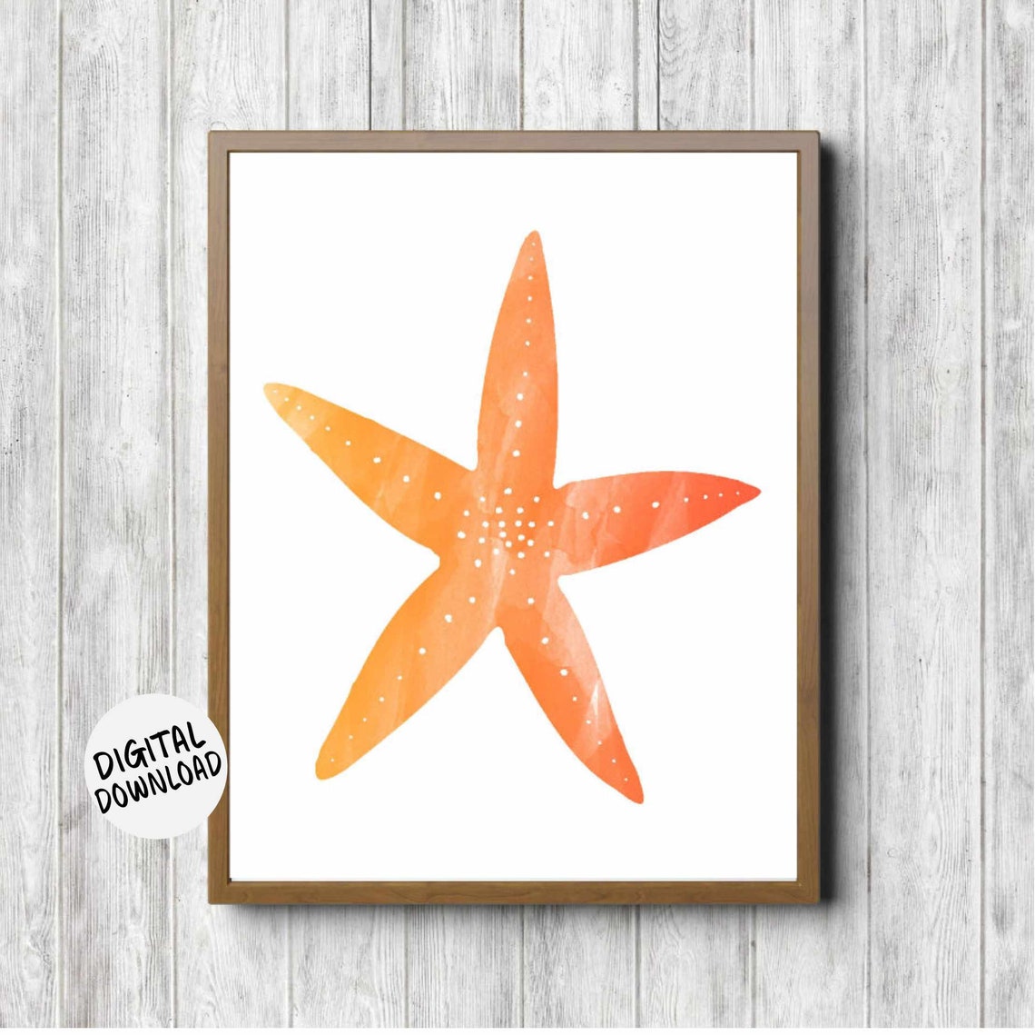 Bright Orange Watercolor Starfish Coastal Kids Room Art Poster
