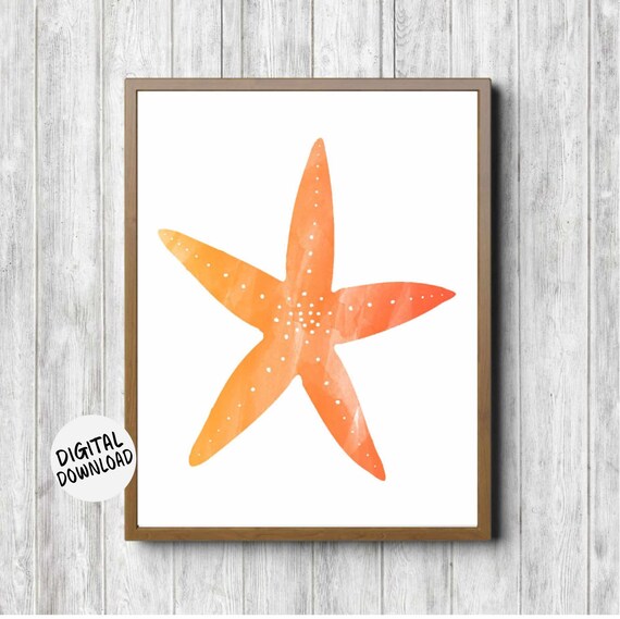 Starfish Wall Art Watercolor Sea Star Wall Decor Orange Nurserykids Room Sea Animal Print Artwork