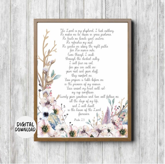 Psalm 23 Scripture Wall Art Rustic Bible Verse Watercolor Flowers Feathers Twigs Print Christian Art Gift