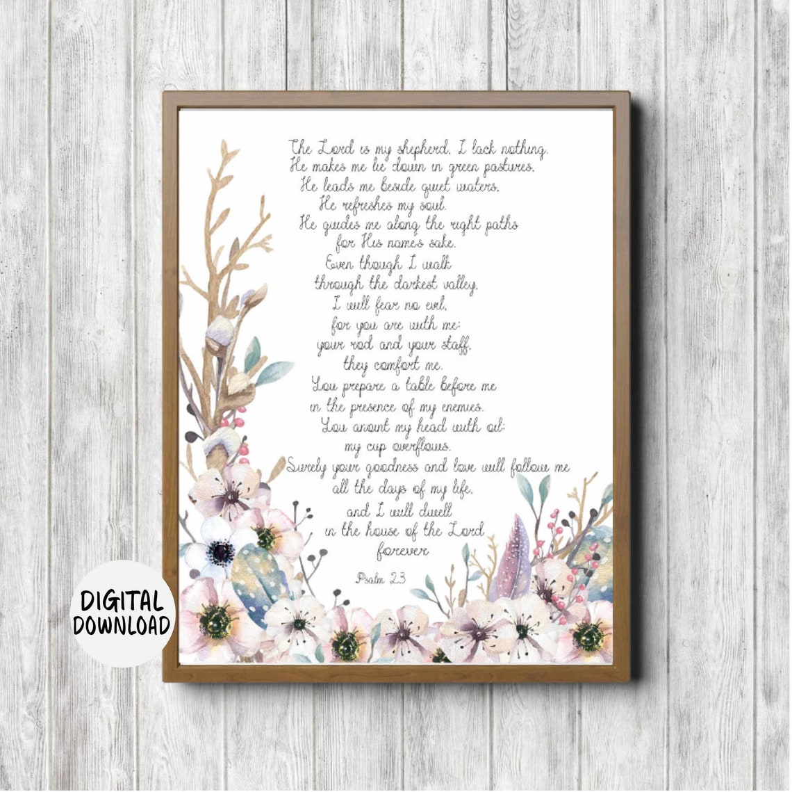 Psalm 23 The Lord Is My Shepherd Watercolor Floral Verse Poster