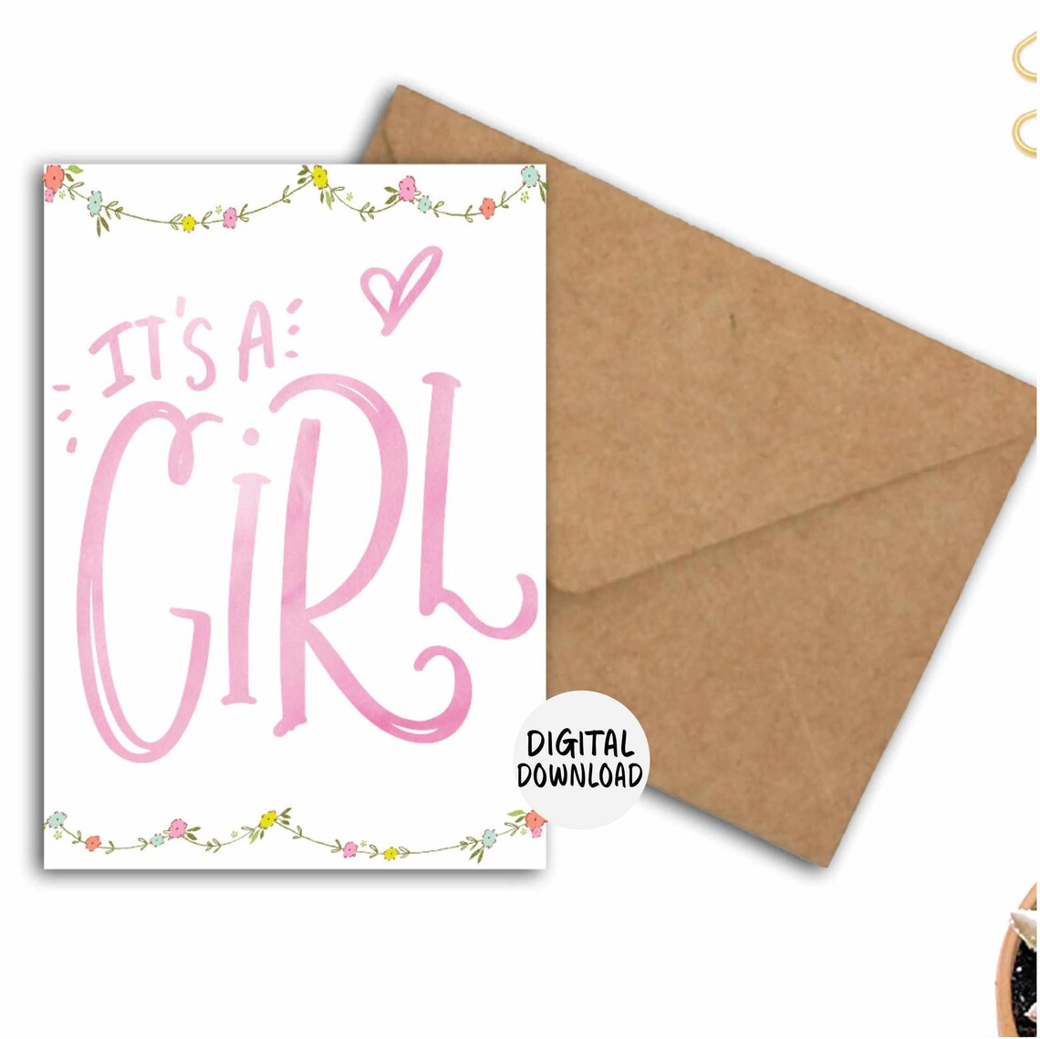 Its A Girl Pink Watercolor Floral Baby Shower Greeting Card Art Print