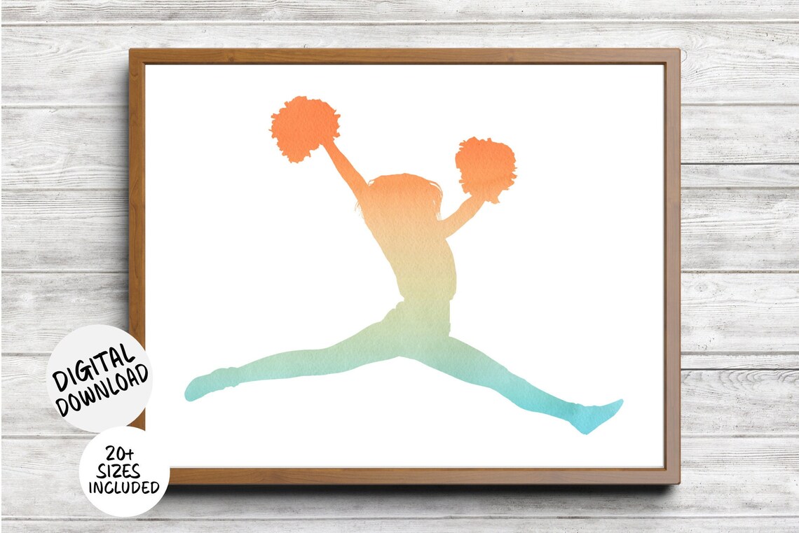 Cheerleader High Split Jump Orange Teal Watercolor Sports Poster