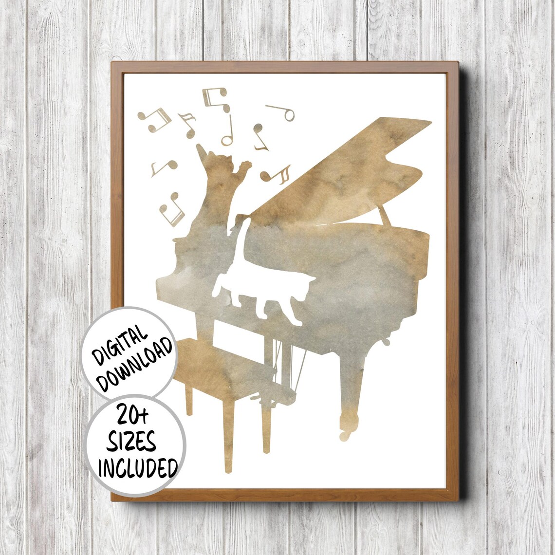 Two Cats Playing Grand Piano Muted Watercolor Music Notes Nursery Art Poster