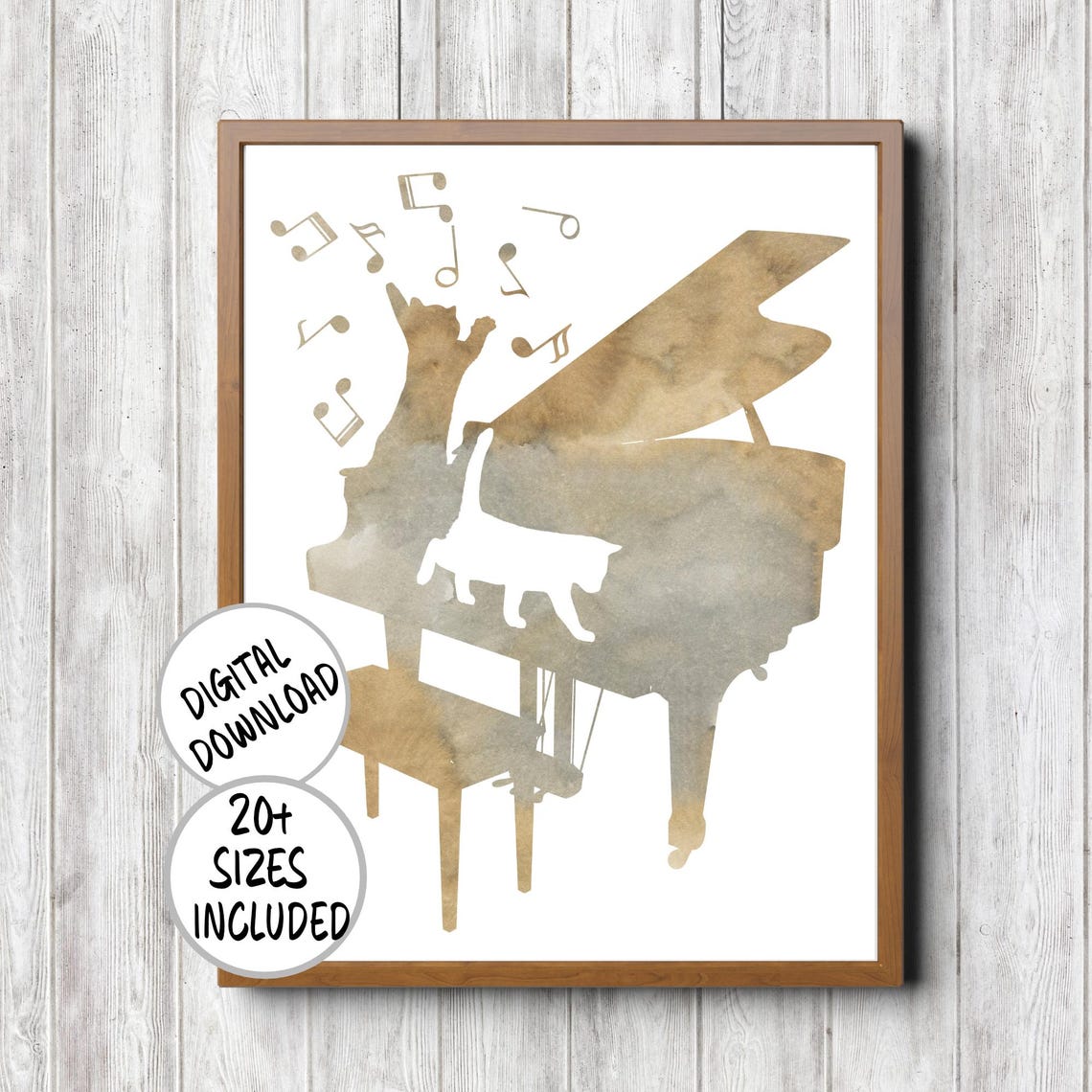 Whimsical Poster Of 2 Cats Playing Piano And Music Notes Muted Color Wall Decor For Baby Nursery Kids Room Teen Bedroom Musician Gift