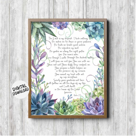 Psalm 23 Scripture Wall Art, Watercolor Succulents