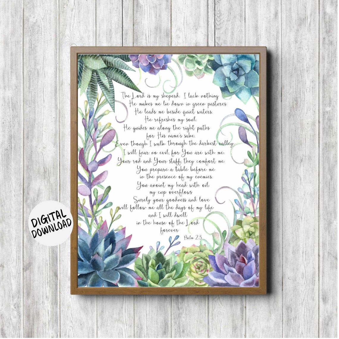 Psalm 23 Scripture Wall Art, Watercolor Succulents
