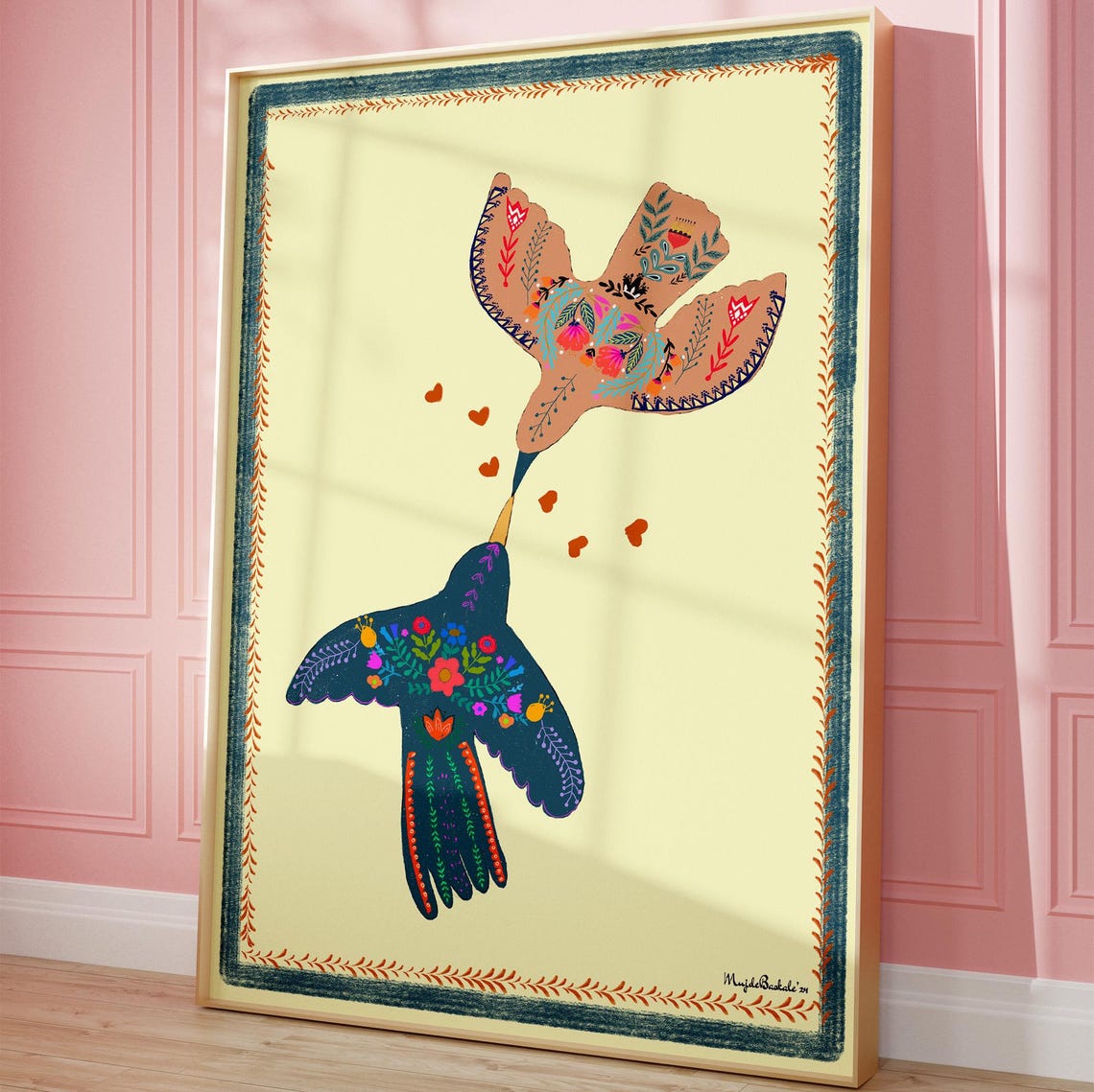 Two Birds Kissing In Floral Pattern Romantic Love Nursery Poster - Image 2