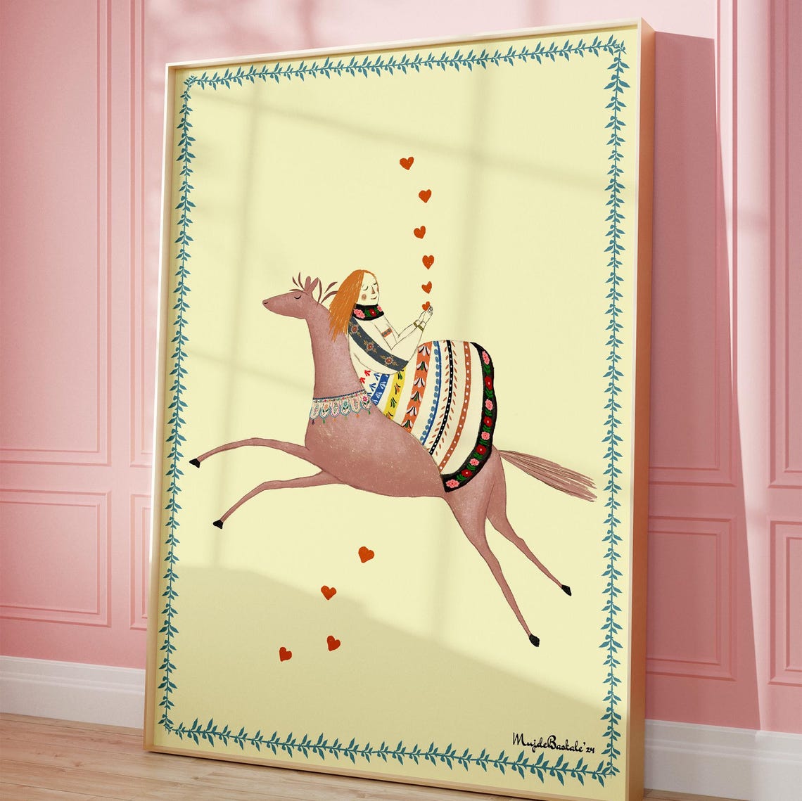 Girl Riding Galloping Horse With Hearts Folk Art Nursery Poster - Image 2