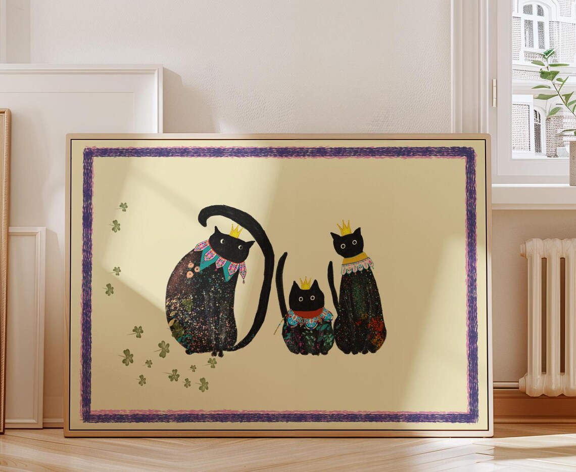 Black Cats Cute Feline Trio Art Print, Nursery Decor