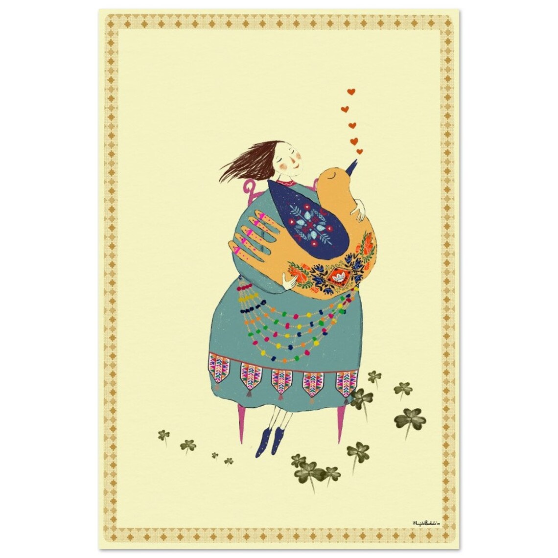 Girl Hugging Colorful Bird Among Clovers Folk Art Nursery Poster