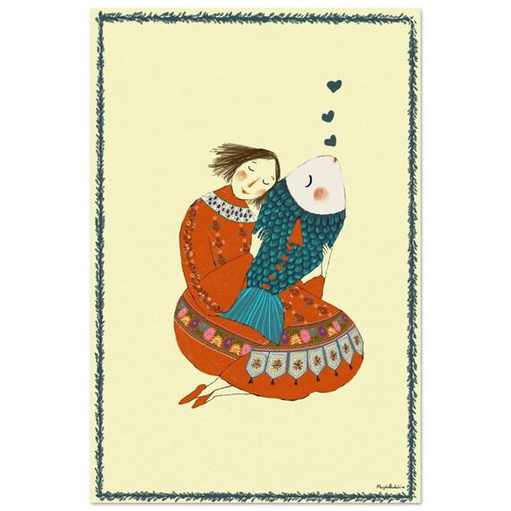Girl Hugging Giant Teal Fish With Hearts Whimsical Folk Poster