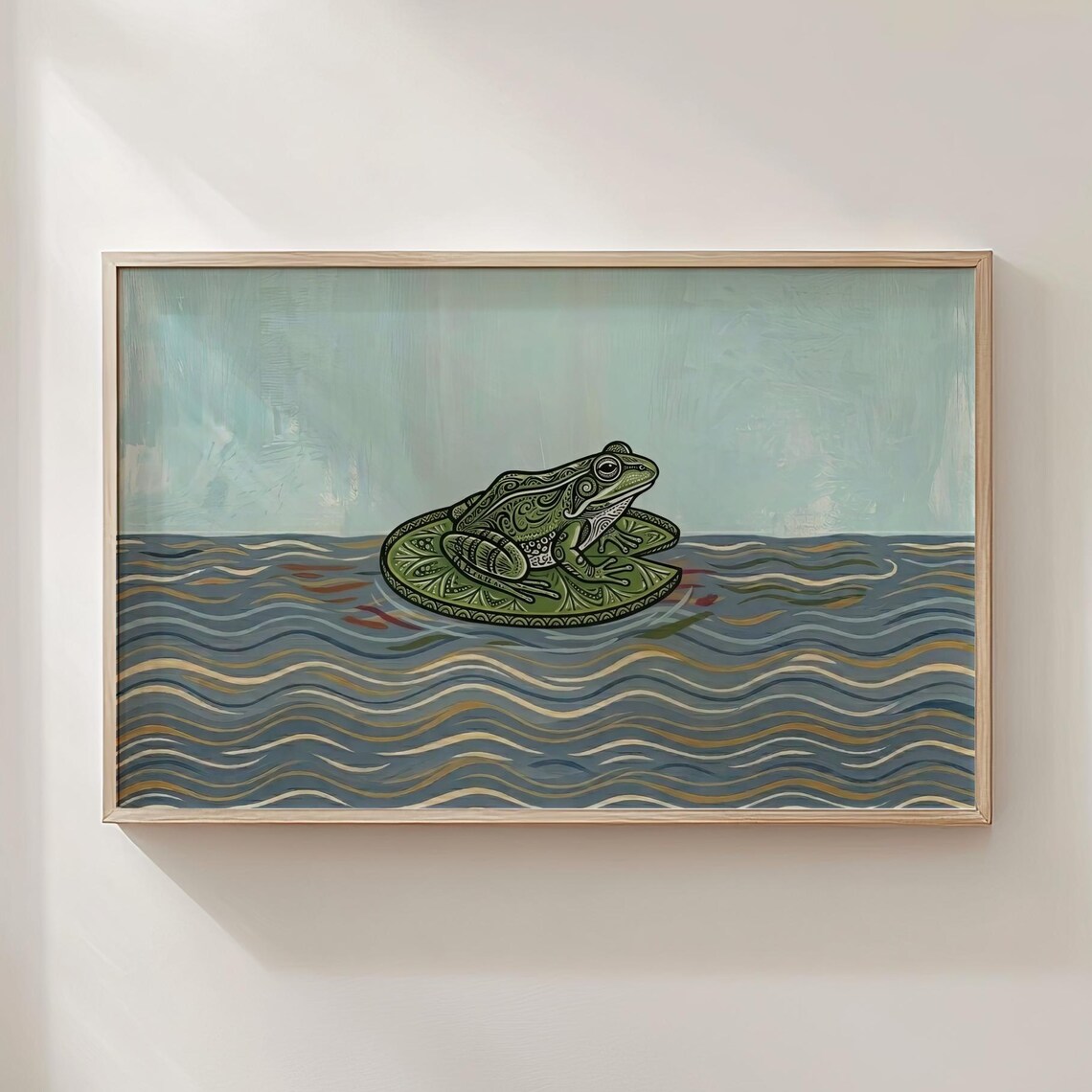 Frog Lily Pad Art Print, Cottagecore Pond Painting