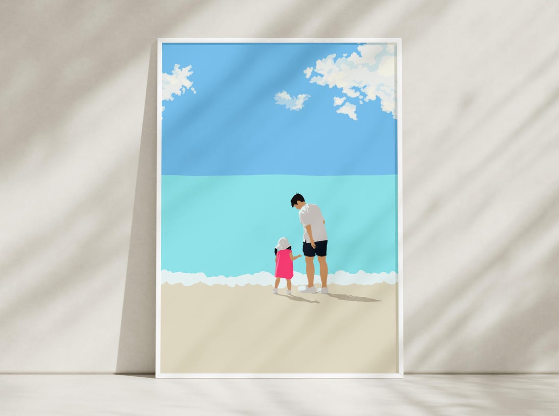 Father and Daughter Holding Hands on Beach Turquoise Sea Wall Art - Image 5