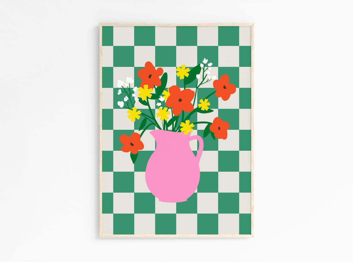 Pink Pitcher Vase Wildflower Bouquet on Green Check Wall Art Print - Image 3