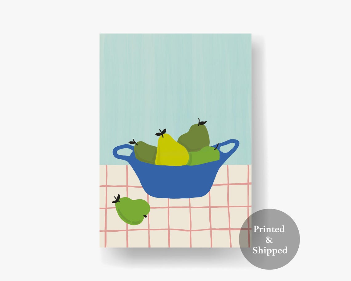 Green Pears in Blue Bowl Still Life Retro Kitchen Art Poster - Image 6